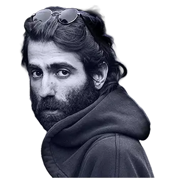Human figure of a man created using white ASCII characters on a black background