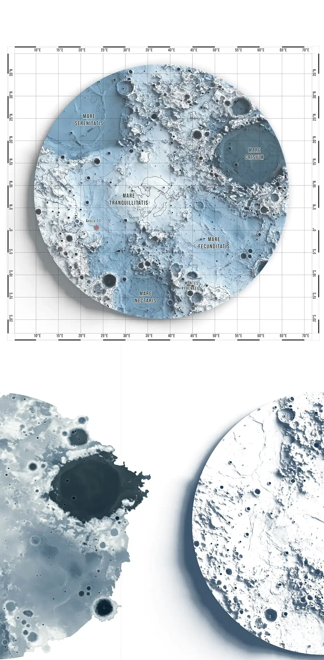A coloured texture, a relief map and a white 3D rendering of the Moon's surface featuring the Sea of Tranquility