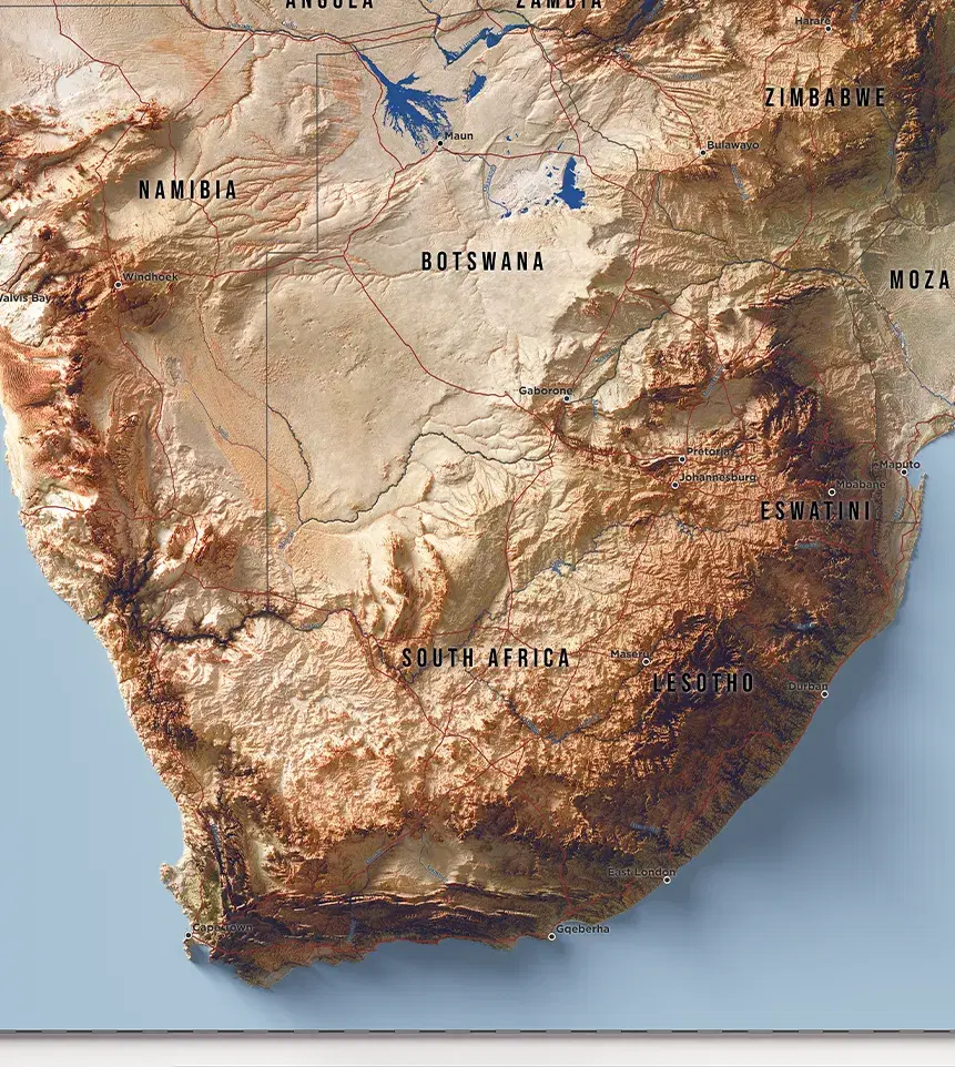 3D topographic map of the southern tip of Africa featuring political borders and country names including Namibia, Botswana, Zimbabwe and South Africa. The relief highlights coastal mountain ranges and interior plateaus