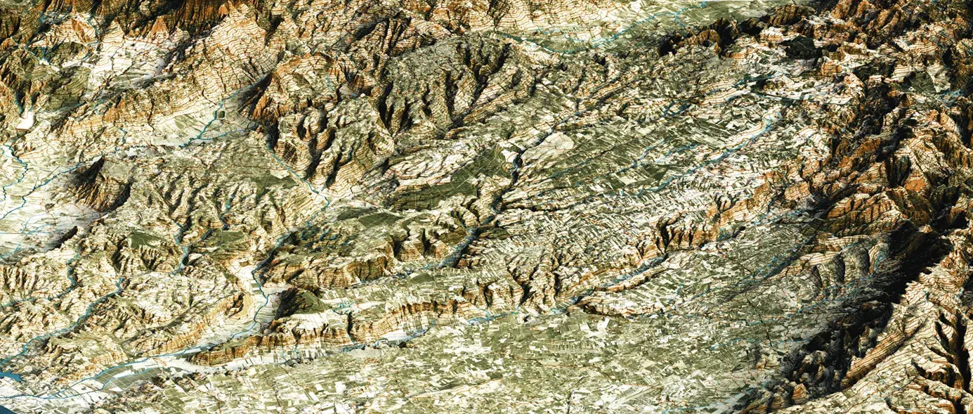 Perspective relief map of the Acate area in Sicily. The relief highlights the canyons of the area and waterways are visible