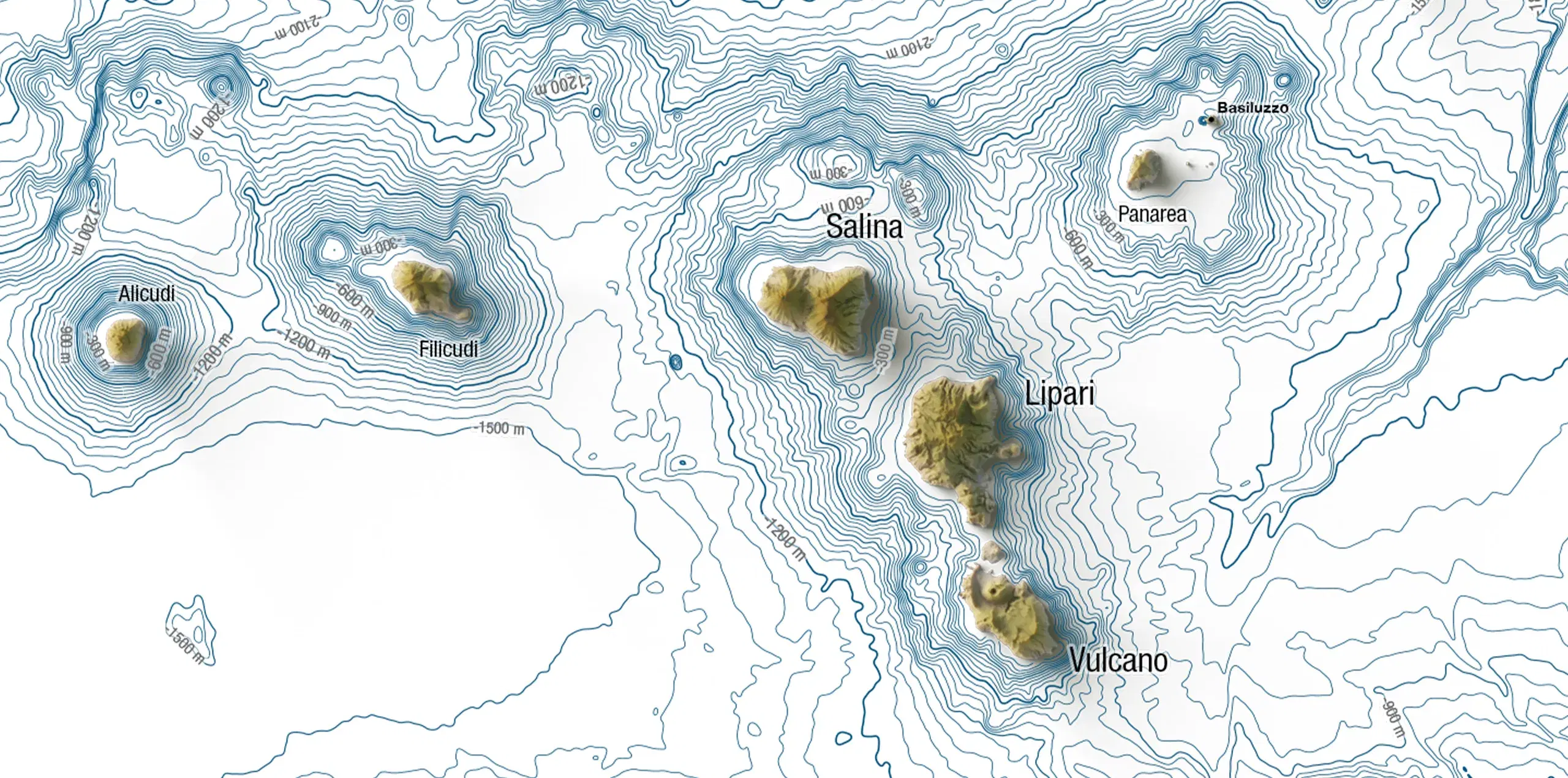 Topographic relief map of the Aeolian Islands with blue contour lines without elevation on the water and depth indications