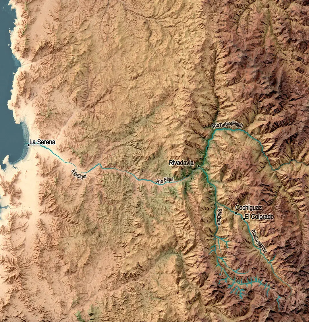 Topographic relief map of the Elqui River valley in Chile, showing the changing names of the river along its course to the ocean
