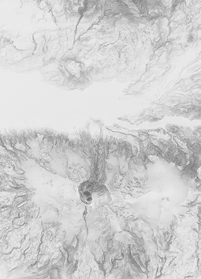 Grayscale topographic map detail of an Icelandic volcanic landscape. It uses ambient occlusion to create soft shadows that define deep valleys, a large smooth glacier plateau and a distinct volcanic crater in the lower center