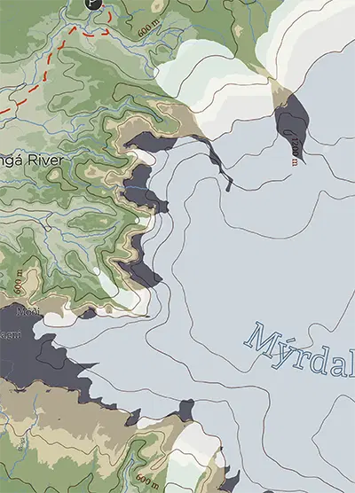 A flat 2D vector map excerpt of Iceland's terrain, focusing on the Mýrdalsjökull area. It features solid color blocks for green valleys and white glaciers, overlaid with thin brown contour lines, an orange trail and text labels without any 3D shading