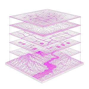 A magenta wireframe icon showing five stacked isometric data layers, transitioning from abstract grid networks at the top to a detailed 3D topographic terrain at the bottom