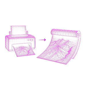 A magenta wireframe icon depicting a desktop printer with a topographic map coming out, connected by an arrow to a curved, high-quality printed map sheet