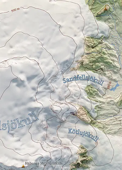 topographic map snippet of Iceland combining color terrain and labels with realistic 3D shaded relief. It details the snowy slopes of the Sandfellsjökull and Kötlujökull glaciers, accented by brown contour lines and subtle mountain shadows