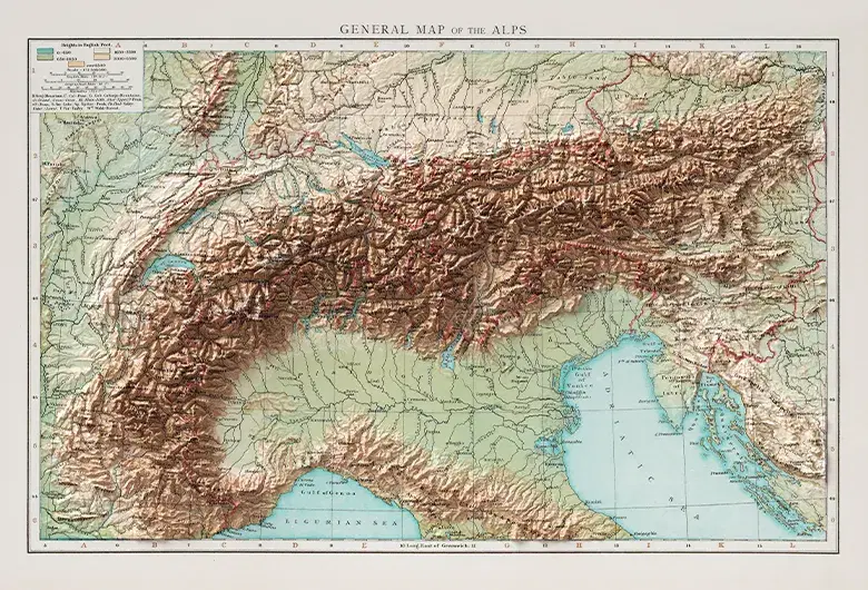 Vintage 1900 map of the Alps with a 3D shaded relief effect, displaying the Alpine mountain range, Northern Italy and the Adriatic Sea with detailed topography