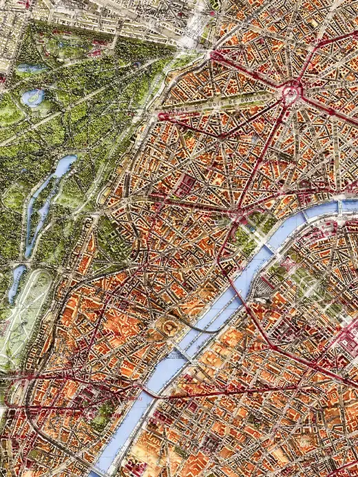 Vintage relief map of Paris focusing on the Seine river, the Arc de Triomphe star-shaped intersections and the green expanse of the Bois de Boulogne park. The urban grid features high-density orange and beige building blocks with red highlighting on major avenues