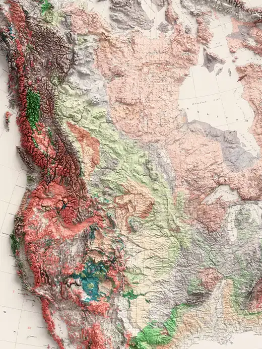 Large-scale geological relief map of North America featuring a digital elevation model. The mountainous western regions stand out with high-contrast shaded terrain in deep red, pink and green patches, while the central plains and northeastern shields are rendered in muted beige and light pink tones