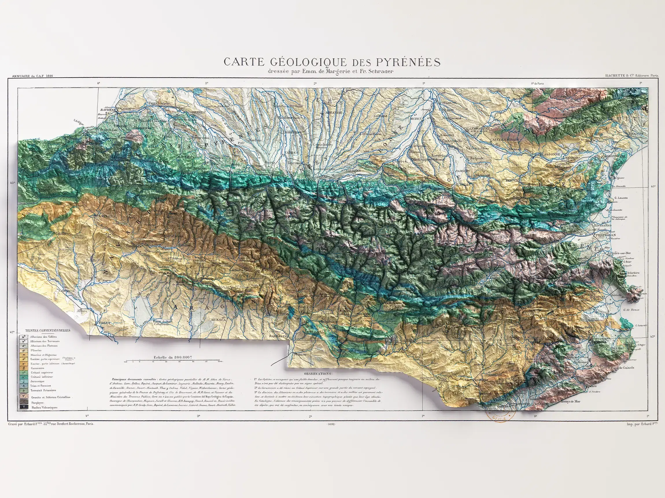 A restored geological map of the Pyrenees, presented as a shaded relief map with labels indicating the names of peaks, rivers and mountain ranges