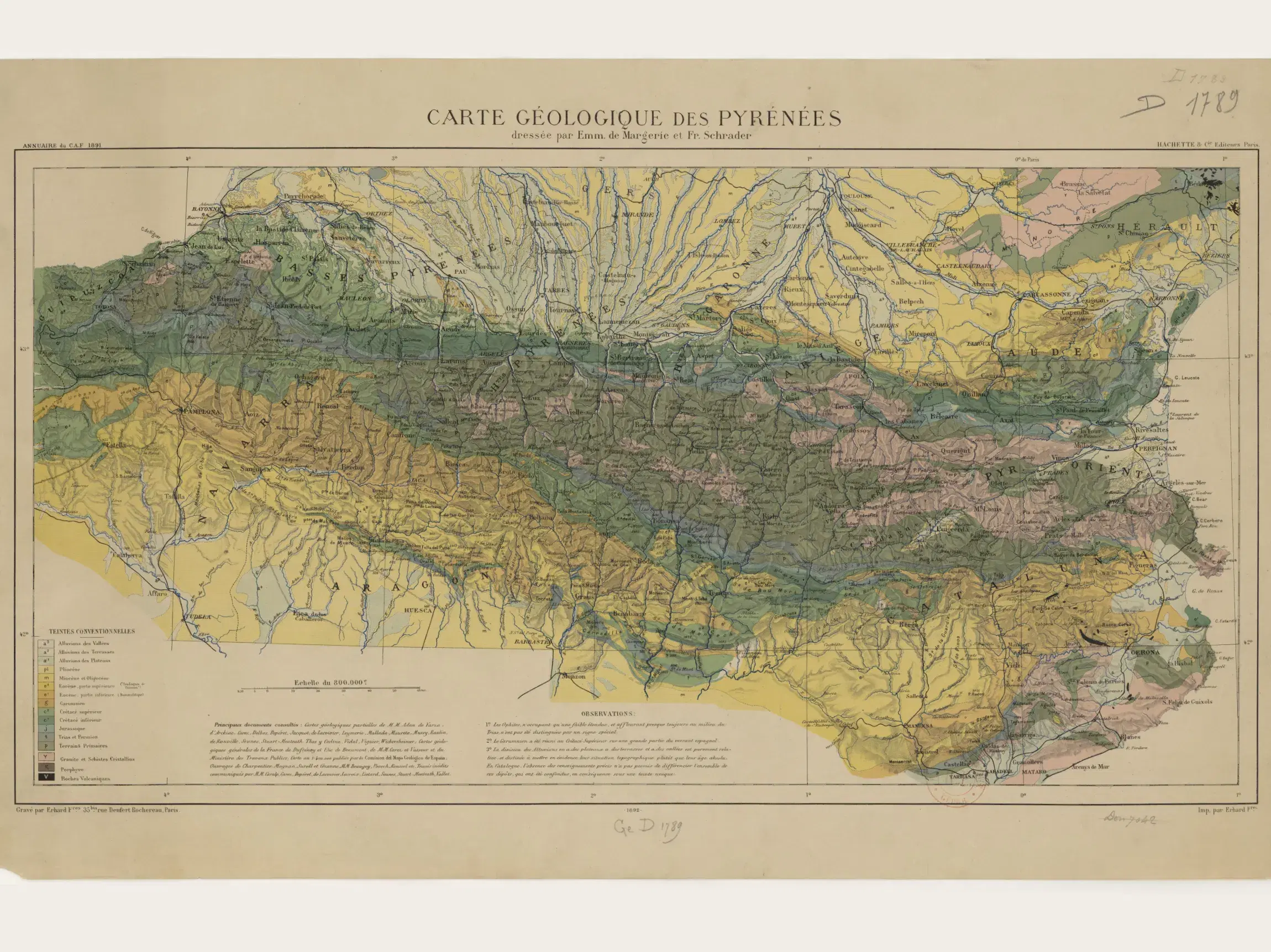 Old geological map of Pyrenees showing the names of peaks, rivers and mountain ranges